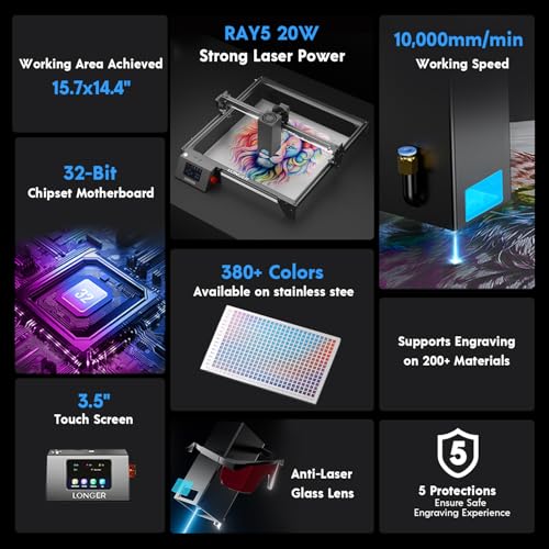 Longer RAY5 20W Laser Cutter and Laser Engraver for Tumblers, with Rotary Roller Bundle, 17.3"x 17.3" Honeycomb Working Bed, Camera Kit, and Air Pump Laser Engraver for Wood and Metal, Acrylic Longer