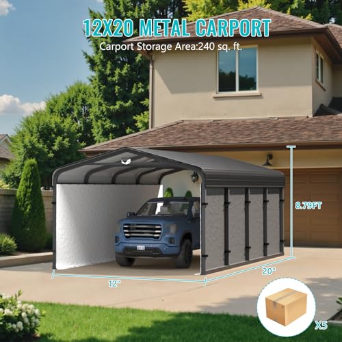 Metal Carport,Carport Canopy 12x20 Heavy Duty All Weather,Car Tent Garage with Galvanized Metal Roof,Metal Car Ports for Snow,Outdoor Car Shelter,Grey Sannwsg