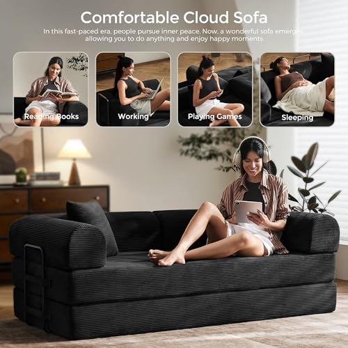 79" Convertible Sofa Bed with Fixed-Shape Frame & Removable Armrests, Modular Corduroy Sleeper Sofa, Folding Mattress Couch for Small Spaces - No Assembly Needed in Black (Includes 2 Pillows) SAVENICA