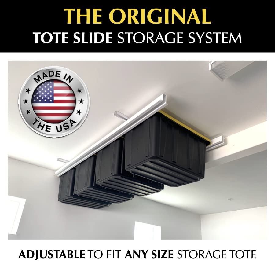 E-Z Garage Storage Tote Slide – Made in USA | Overhead Garage Storage Rack – Ceiling Slide System Holds Up to 5 Tote Bins, Adjustable Rails – 150 lb Weight Capacity – Garage Ceiling Organizer E-Z Garage Storage