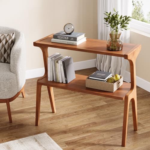 Tribesigns Solid Wood End Table, Modern Side Table for Couch, 2-Tier Narrow Tall End Table, Long Bedside Table for Living Room, Bedroom, Walnut Tribesigns