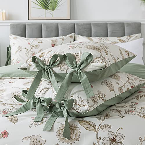 FADFAY Floral Bedding Set Full 100% Cotton Shabby and Chic Beige Green Reversible Duvet Cover Vintage Pink Flower Print Bed Covers Luxury Girls Pretty Bowknot Soft Crisp Zipper Comforter Cover 3Pcs FADFAY
