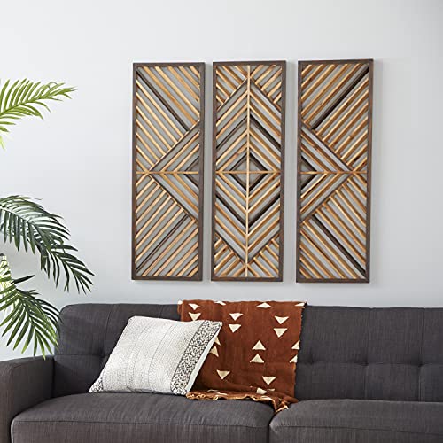 Deco 79 Wood Geometric Home Wall Decor Slatted Wood Design Wall Sculpture, Set of 3 Wall Art 12"W, 35"H, Brown Deco 79