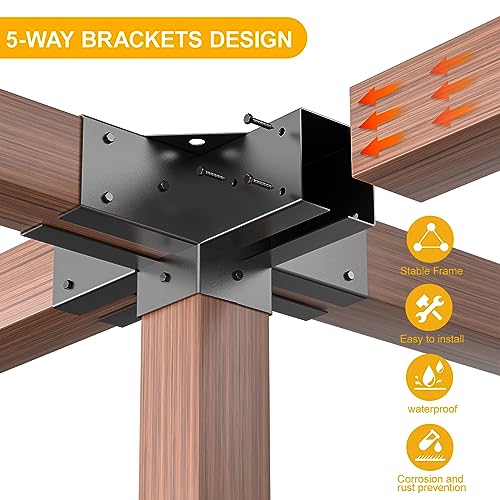 TROPTOLKY 4x4 Pergola Brackets Kit, 5-Way Powder-Coated Woodworks Corner Brackets, 1 Bracket Shoulders & 1 Wood Post Base, 2PCS Woodwork Pergola Kit Elevated Wood Stand Kit TROPTOLKY