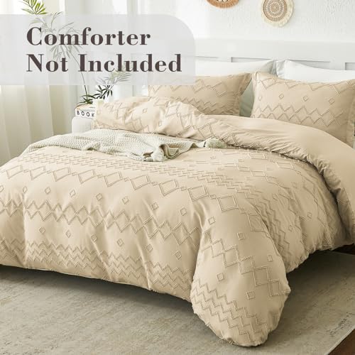 EMME Boho Duvet Cover Set - Tufted Comforter Set with Boho Embroidery, All-Season Bedding for Twin, 1 Duvet + 1 Pillowcase (Beige) EMME
