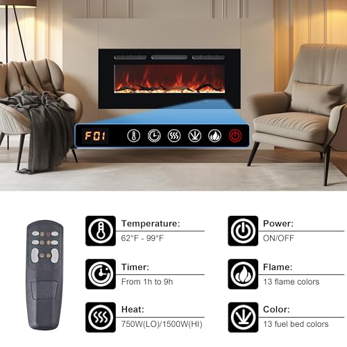 Carsynflame Electric Fireplace 65 in, Wall Mounted & Recessed Electric Fireplace Inserts, Remote & Touch Screen Control, 169 Flame Color Combinations, Timer& Thermostat Fireplace Heater, 1500W, Black Carsynflame