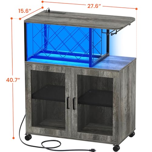 Girapow Small Bar Cart with Wheels, Liquor Cabinet with LED Light, Wine Bar Cabinet with Power Outlets, Home Mini Bar with Wine Rack, Glasses Storage for Kitchen, Dining Room, Living Room, Grey Girapow