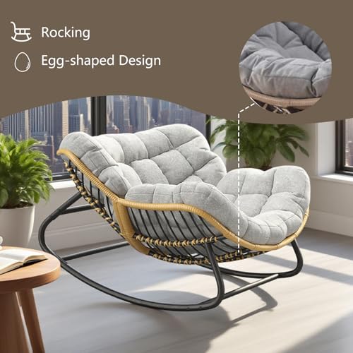 Virplik Oversized Papasan Rocking Chair with Extra Thick Cushion, Rattan Wicker Egg Chair for Indoor & Outdoor Use – Cozy Swivel Lounge Chair for Patio, Living Room, Bedroom, or Porch, Grey