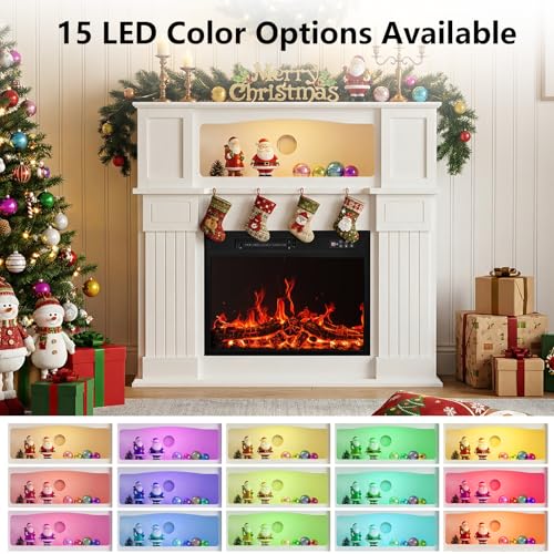 BOSSIN 43" Electric Fireplace with Mantel, 14-Color LED Light Strip, 23 inch Insert, Freestanding TV Stand with Heater, Wooden Surround, Faux Log & LED Flames, Remote Control, 750W/1500W, White BOSSIN