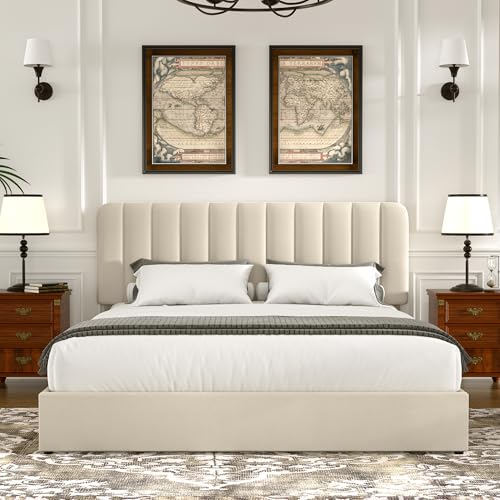 VECELO Queen Size Upholstered Bed Frame with 4 Drawers and Headboard, Velvet Platform Storage Bedframe, Wooden Slats Support, No Box Spring Needed, Beige VECELO