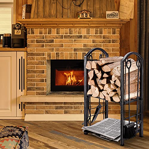 Amagabeli Firewood Rack Indoor 5 Pieces Fireplace Tools Set Fire Wood Holder with Tongs Poker Brush and Shovel Outdoor Log Rack Solid Wrought Iron Fireplace Set Kit Wood Stove Accessories Pewter AMAGABELI GARDEN & HOME