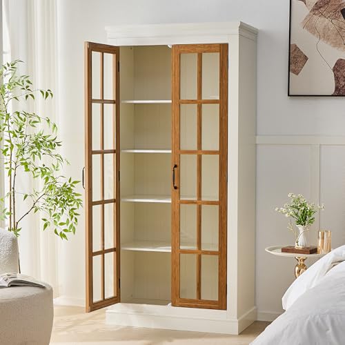 PAXIPEX 71" Rustic Farmhouse Display Cabinet, Display Case with Lattice Glass Doors, Curio Cabinet with Adjustable Shelves for Home Living Room Office, Brown,Cream White PAXIPEX