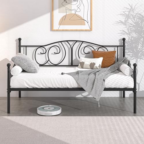 VECELO Metal Daybed Frame Multifunctional Platform Bed Sofa Mattress Foundation with Classic Headboard, Twin, Black VECELO