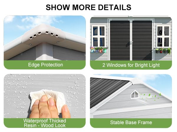 SELLERWE 8x6 FT Resin Shed, Waterproof Outdoor Storage Shed w/Floor, 2 Windows, Double Doors & Vents, Tool Shed for Patio Garden, Lawn, Backyard, Grey SELLERWE