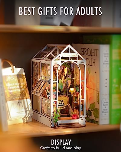 Rolife Book Nook Kit Wooden Bookcase 9.5" Garden House Miniature Kit with LED Decorative Bookends, 3D Puzzles for Adults Craft Hobby for Girls Boys Adults Rolife