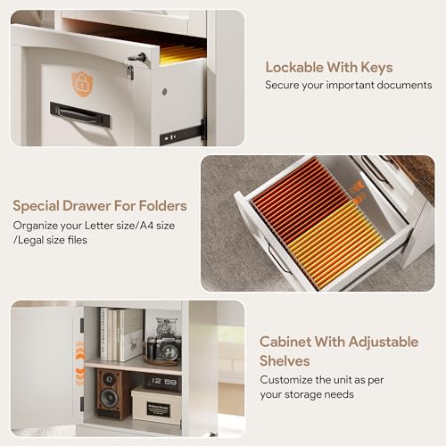 Decofy L Shaped Farmhouse Executive Desk with Drawers, 67" Home Office Desks with Fast Charging Station, Lockable File Cabinet, Wood Writing Computer Desk for Work, Study, White Decofy