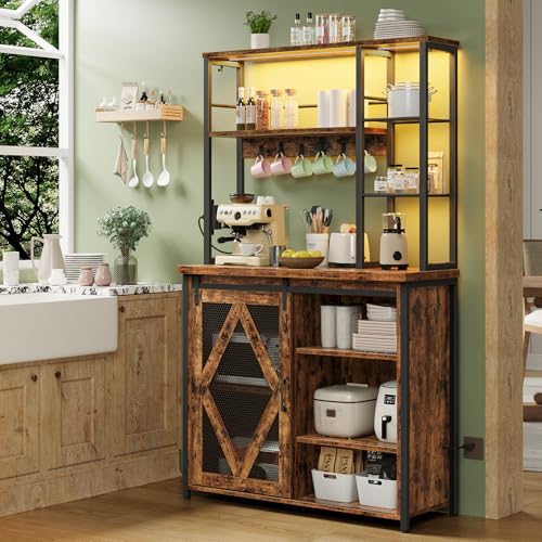 HOOBRO Bakers Rack with Power Outlet and LED Light, Microwave Stand with Sliding Barn Door, Coffee Bar Cabinet with 6-S Hooks, Kitchen Storage Shelf with Cabinet, Rustic Brown and Black BF23UDHB01