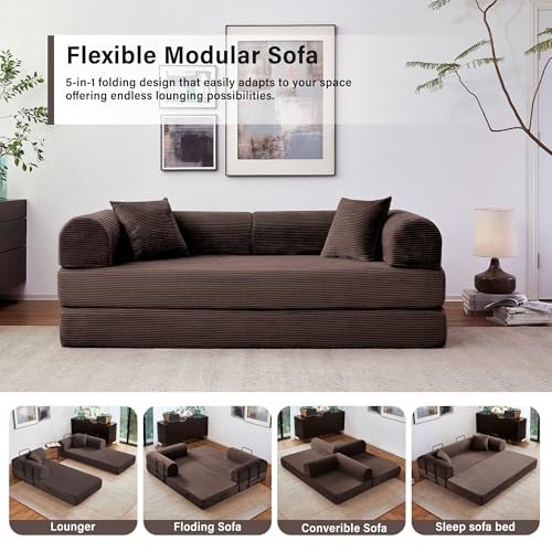 Reiboco 79" 5-in-1 Folding Convertible Sofa Bed, Oversized Corduroy Futon Floor Couch with Pull-Out Sleeper, Modular Boneless Loveseat for Small Spaces, Living Room, Bedroom (Brown) Reiboco