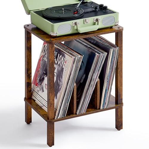 LELELINKY 2-Tier Record Player Stand with Vinyl Record Storage up to 100 Albums, Bedroom Record Holder and Multi-Functional End Table for Living Room, Brown LELELINKY
