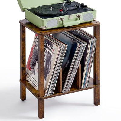 LELELINKY 2-Tier Record Player Stand with Vinyl Record Storage up to 100 Albums, Bedroom Record Holder and Multi-Functional End Table for Living Room, Brown
