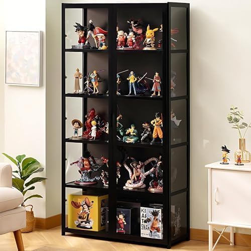 Curio Display Cabinet, 5 Tier Storage Shelves with Acrylic Glass Door, Transparent Bamboo Display Case for Figures, Display Shelves for Collectibles & Kids Bookcase for Home (Black Double Door) iusyugh