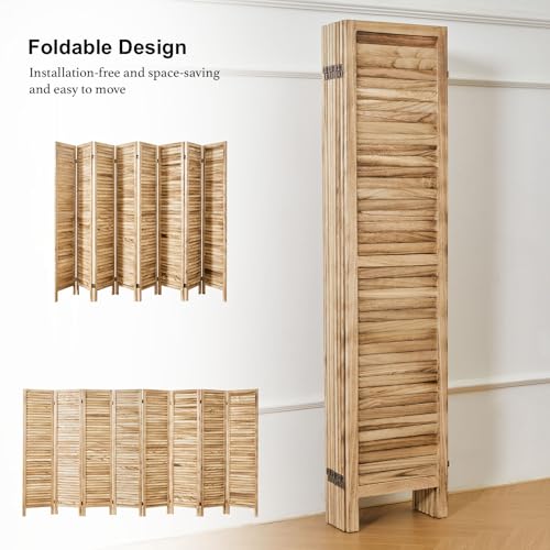 Room Partitions and Dividers, Temporary Wall with Double Hinges, 5.6 Ft Tall Folding Louver Wood Screen for Home Office Bedroom Hotel Decoration (8 Panels, Wood Color) Svimi