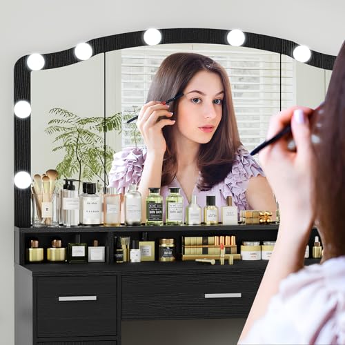 usikey Makeup Vanity with Lights, Vanity Desk, Makeup Vanity Table with 3 Drawers, 2 Cabinets & Long Storage Shelf, 10 Led Lights, Dressing Vanity Table with Stool, for Women, Girls, Bedroom, Black usikey