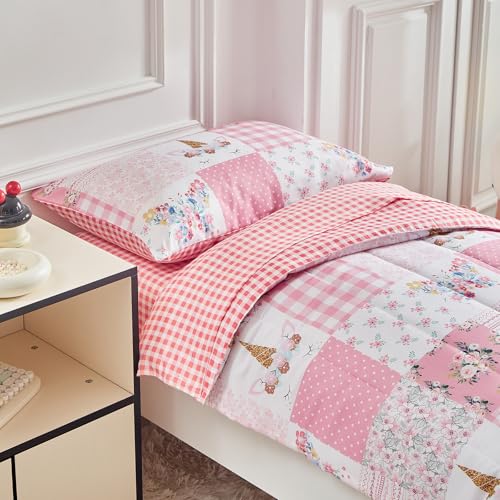 Joyreap 4 Piece Toddler Bedding Set for Girls- Pink Butterflies n Flowers Patchwork Toddler Comforter Set, Includes Quilted Comforter, Fitted Sheet, Top Sheet, and Pillow Case Joyreap