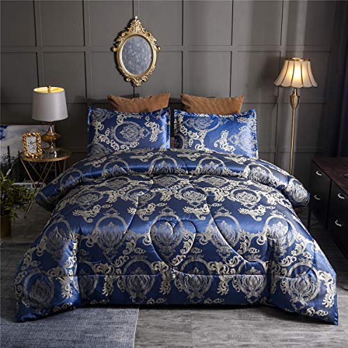 Raytrue-X Comforter Set Satin Silk Blanket All Season Bed Luxury Royal Blue Jacquard Quilt Bedding Sets Matching 2 Pillow Shams (Full/Queen, 88x88 inches, 3 Pieces) Raytrue-X