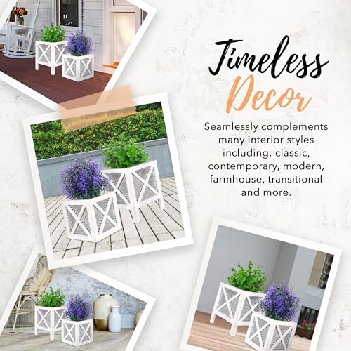Autumn Alley Farmhouse Front Porch Planters Set of 2 Stand with Galvanized Corrugated Metal Planters for Outdoors/Indoors - Rustic Wood Square Planters Box on Legs – Charming Farmhouse Décor, White Autumn Alley