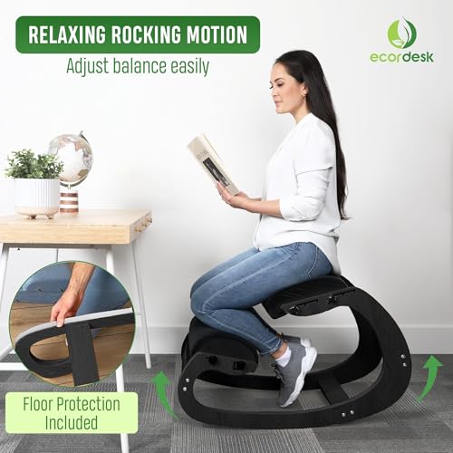 Ecordesk Ergonomic Kneeling Chair, Adjustable Seat - Office Chair for Desk, Posture Corrector, Premium Comfort Cushion, Wooden Rocking Knee Chair (Black Frame) Ecordesk