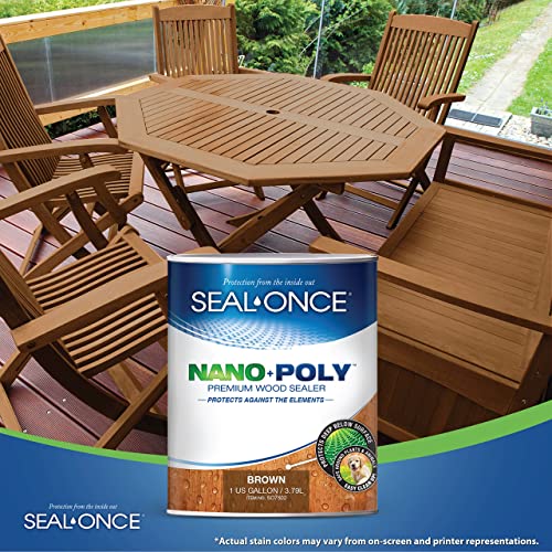 Seal-Once Nano+Poly Penetrating Wood Sealer with Polyurethane - Premium Waterproof Sealant -1 Gallon & Brown Seal-Once