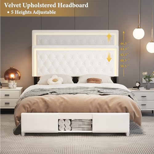 XEPAMU Full Size Bed Frame with Storage,Full Bed Frame with LED Lights Headboard and Charging Station,Velvet Upholstered Bed with Storage Footboard,Sliding Barn Door Noiseless No Box Spring Needed XEPAMU