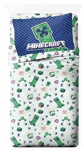 Jay Franco Kids Sheet Set with Fitted, Flat Sheets & Pillow Cover - Ultra-Soft Bedding with Pillowcase for Room Decor, Multi - Minecraft, 3 Piece Twin Jay Franco
