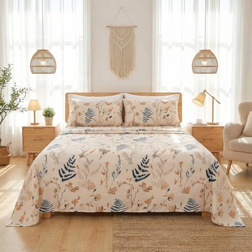 JSD Boho Floral Printed Sheet Set Queen Size 4 Piece, Soft Botanical Pattern Microfiber Sheets Extra Deep Pocket JSD