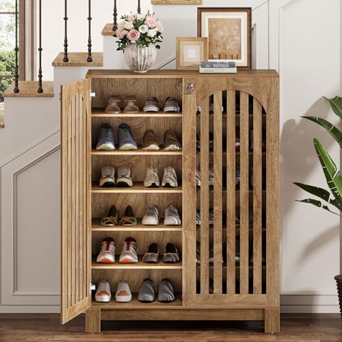 Tribesigns Shoe Cabinet with Slatted Doors, 6-Tier Entryway Shoe Storage Rack Organizer with Adjustable Shelves for Living Room, Bedroom, Oak Tribesigns