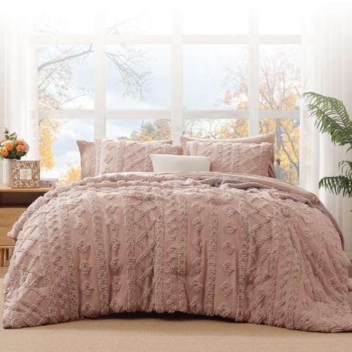 WRENSONGE Full Size Comforter Set with Sheets - 7 Pieces Rusty Pink Tufted Bed in a Bag Full Shabby Chic Bedding Sets with 1 Comforter, 2 Sheets, 2 Pillowcases & 2 Shams WRENSONGE