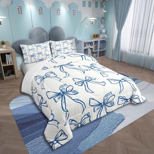 Feelyou Blue Bow Bedding Set Cute Bowknot Comforter Set for Kids Boys Girls Teens Room Decor Princess Comforter Twin Size Girly Kawaii Duvet Set 2Pcs Feelyou