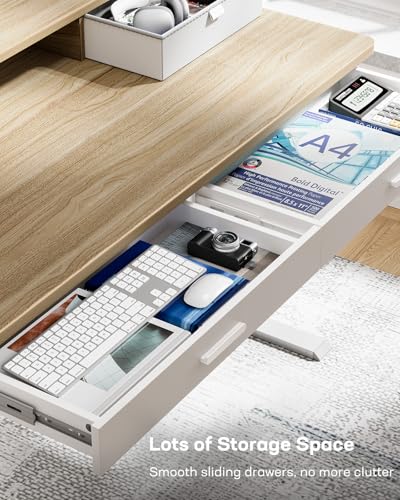 HUANUO 55 x 30 inch Electric Standing Desk with Wood Drawers, Adjustable Height Sit Stand Home Office Desk with Two Tiers, Ergonomic Adjustable Stand up Desk C-Clamp Monitor Mount Compatible, Natural HUANUO