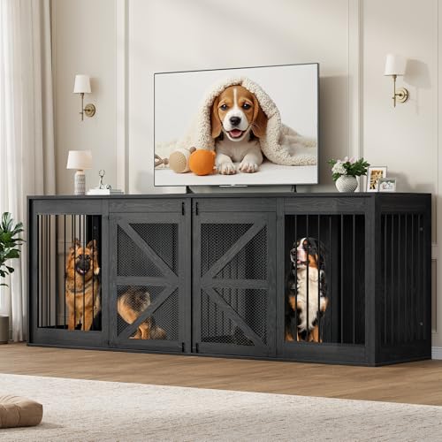 Nordee Axio 94.5 Inch Double Dog Crate Furniture, Farmhouse Dog Kennel TV Stand for 2 Large Dogs, Wooden Dog Cage Extra Large Breed with Divider & Solid Metal Tube, Black Nordee Axio