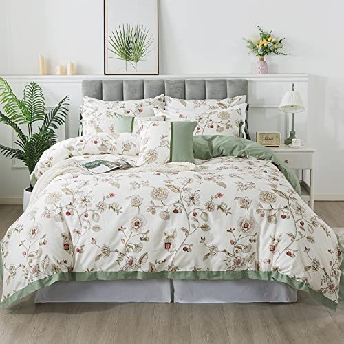 FADFAY Floral Bedding Set Full 100% Cotton Shabby and Chic Beige Green Reversible Duvet Cover Vintage Pink Flower Print Bed Covers Luxury Girls Pretty Bowknot Soft Crisp Zipper Comforter Cover 3Pcs FADFAY