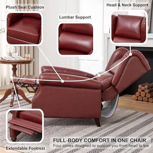 SHINE FURNISHING Genuine Leather Recliner Chair with Nailhead Trim, Mid Century Modern Push Back Recliner with Thick Cushioned Seat, Single Sofa & Accent Chair for Living Room (Burgundy)