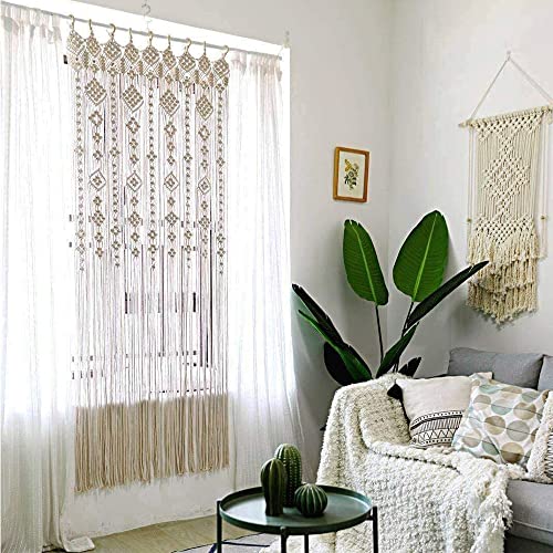 Osunnus Boho Macrame Window Curtain Room Divider Doorway Curtain 79 x 35 Inches Large Long Macrame Wall Hanging for Living Room Bedroom Bohemian Home Decor Wedding Backdrop, Gypsophila - 1 Panel L Osunnus