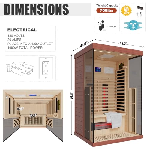 MEISSALIVVE Full Spectrum Infrared Sauna,1-2 Person Home Sauna,Red Cedar Indoor Sauna with Resonance Speaker, Panoramic Tempered Glass Door MEISSALIVVE