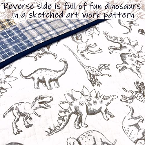 Cozy Line Home Fashions Benjamin Cute Dinosaur Plaid Navy Blue White Grey Bedding Quilt Set 100% Cotton Reversible Coverlet Bedspread Set for Kids Boy(Twin - 2 Piece) Cozy Line Home Fashions