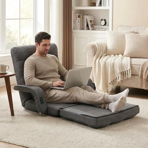 STHOUYN Comfy Floor Chair Bedroom 2 USB Charging Ports, 5-Position Couch Gaming Lounge Chairs Adults, Indoor Folding Lazy Sofa Meditation Arm Dorm Chair Living Room (Grey) STHOUYN