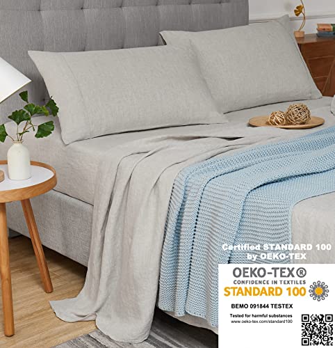 100% Linen Sheets Twin Linen Bedding 100% French Natural Flax with Stone Washed 16 Inch Deep Pocket Ultra Breathable (1 Flat, 1 Fitted Sheet and 1 Pillowcase Natural Linen Twin) Berklan