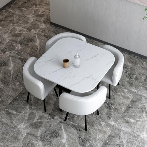 Square Dining Table Set for 4, 39" Small Conference Tables Set, Faux Marble Negotiation Table with Strong Metal Frame and 4 White PU Leather Upholstered Chairs, for Meeting Room, Office, Apartment AMHDDT