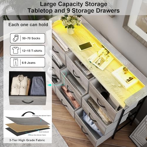 EXOTICA Dresser with Charge Station 9 Drawers Dresser for Bedroom with LED Lights Tall Wide Fabric Dressers & Chests of Drawers for Closet Hallway Entryway Sturdy Steel Frame Wood Top EXOTICA