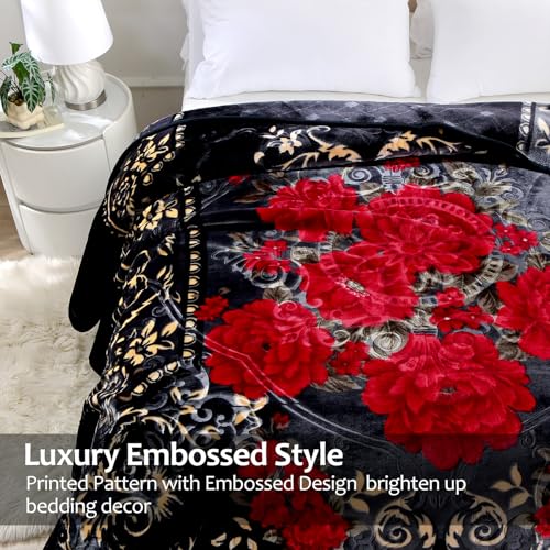 JML Soft Fleece Blanket King Size, Heavy Korean Blanket, 85x95 Inches- 9 Lbs, Single Ply, Fluffy Thick Warm Breathable Home Decor, Cozy Fuzzy Winter Bedding, Floral Embossing Pattern, Flower JML